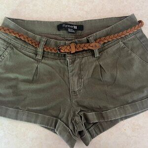 Forever 21 Olive green shorts with weaved brown belt